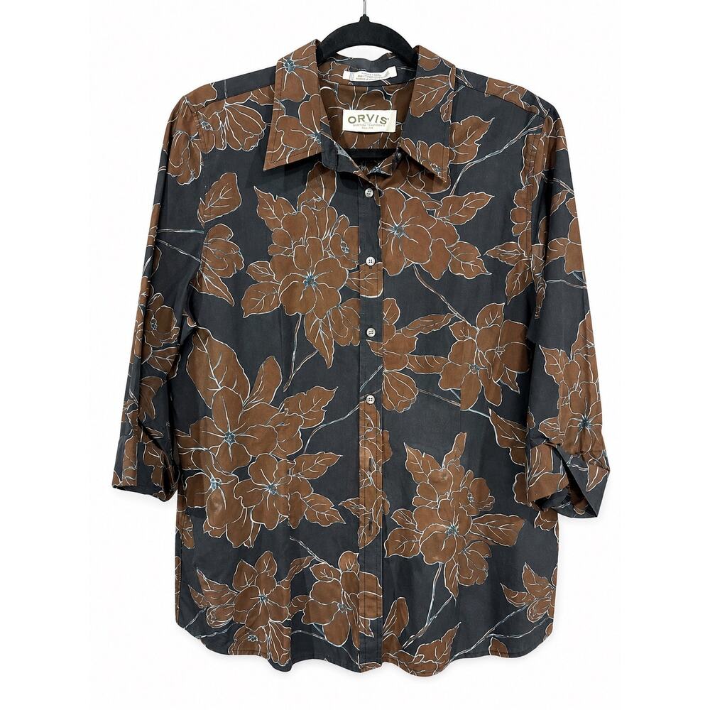 Orvis Womens 16 Floral Cotton Wrinkle Free 3/4 Sleeve Boho Coastal Shirt Top